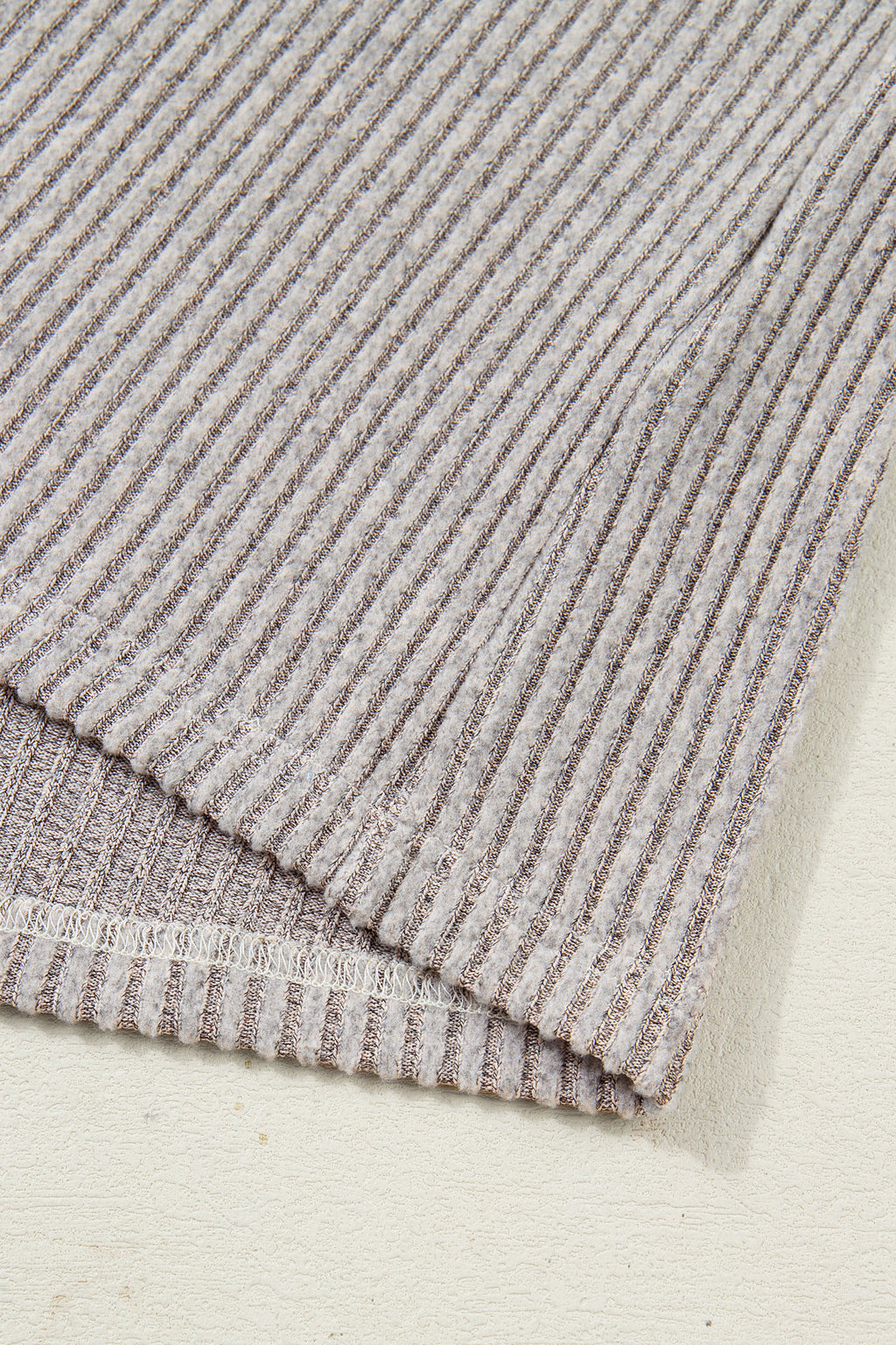 Simply Taupe Ribbed V Neck Contrast Ribbon Bow Back Drop Shoulder Long Sleeve Top