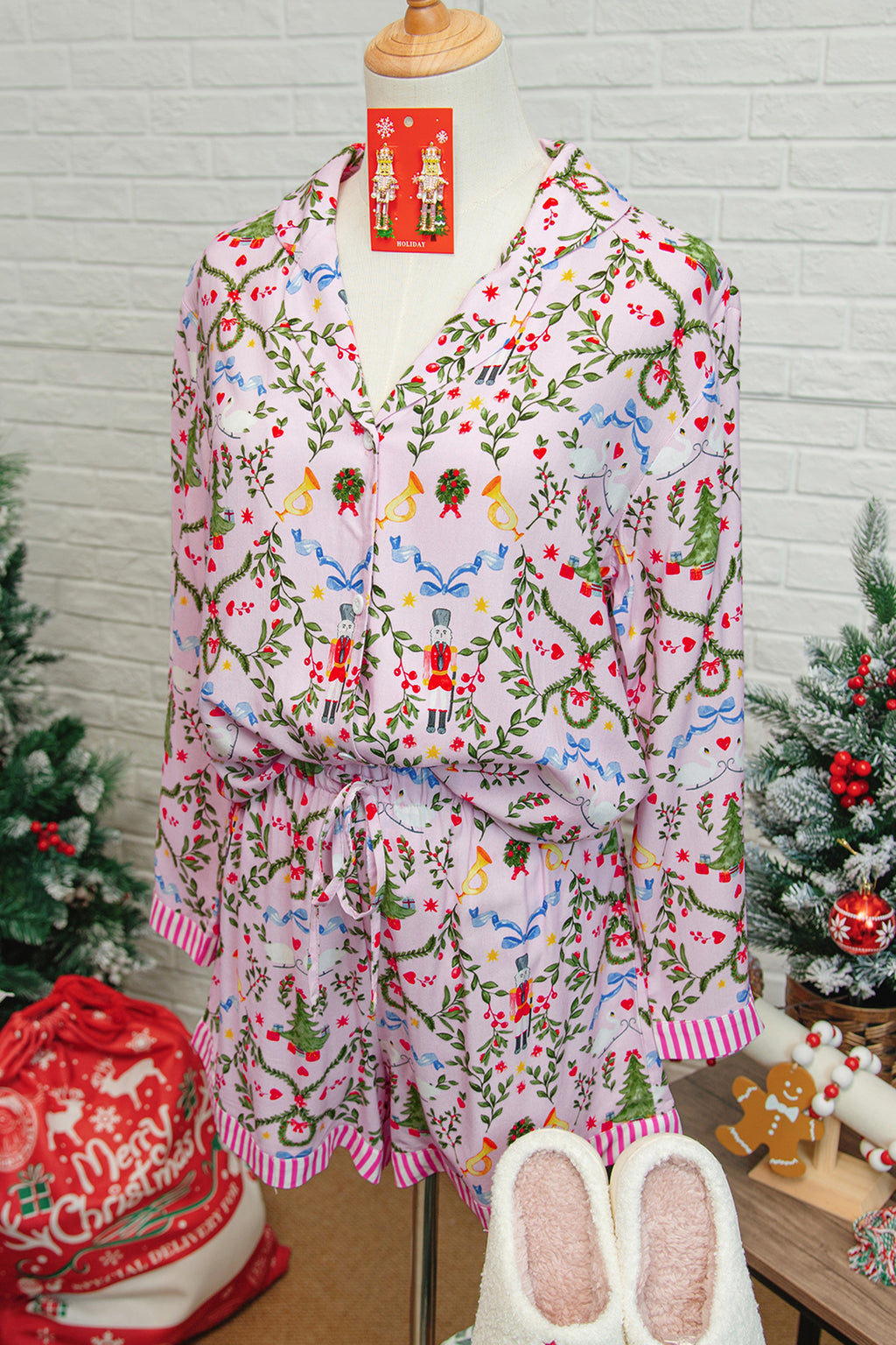 Pink Christmas Holiday Print Nutcracker Long Sleeve Shorts 2pcs Pajama Set