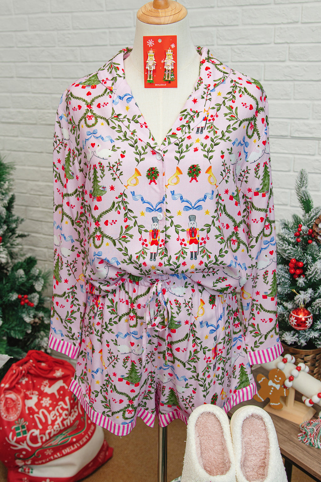 Pink Christmas Holiday Print Nutcracker Long Sleeve Shorts 2pcs Pajama Set