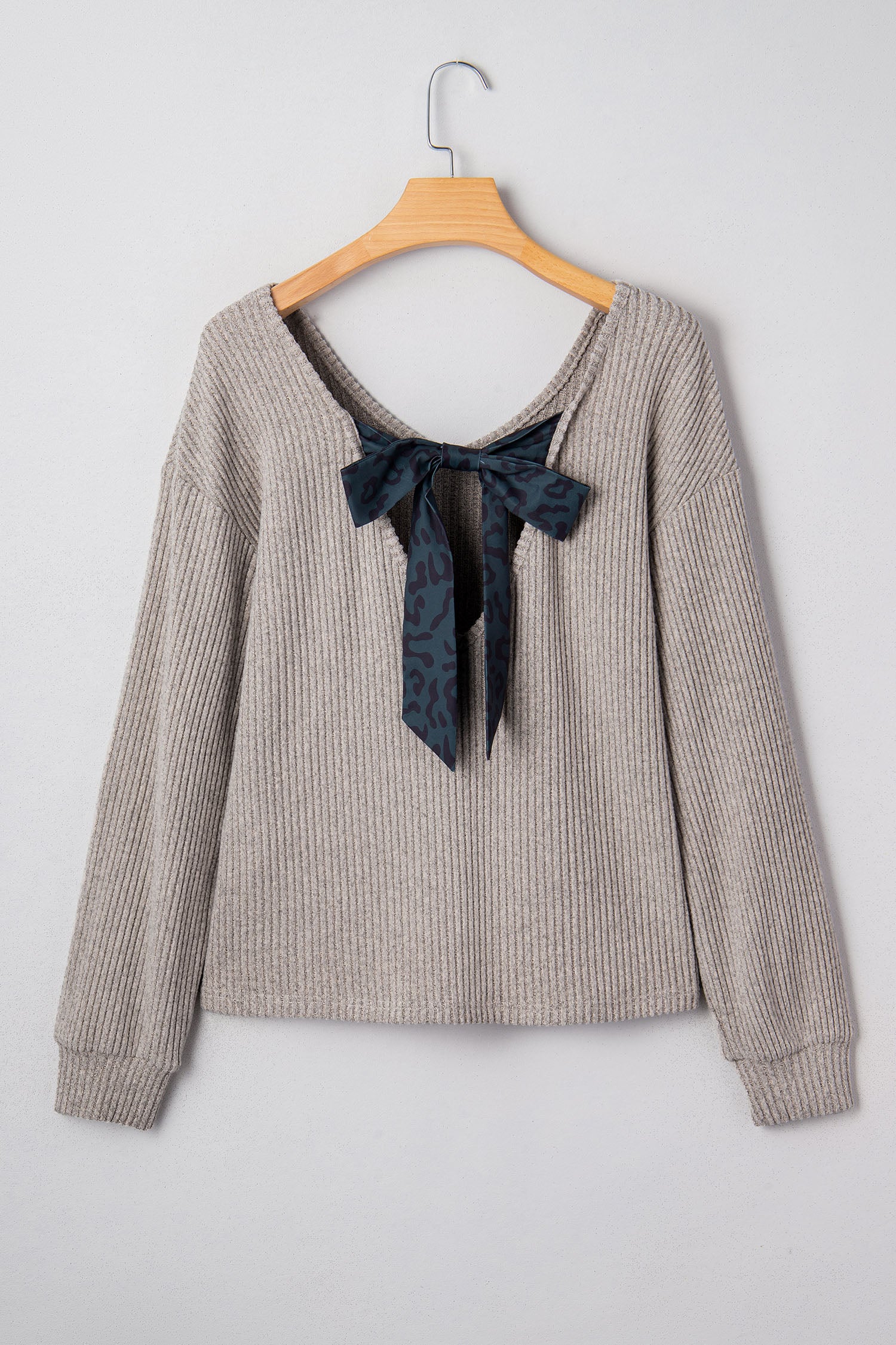 Simply Taupe Ribbed V Neck Contrast Ribbon Bow Back Drop Shoulder Long Sleeve Top